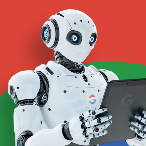 Robot s logem Google analyzuje data na tabletu – symbolika automatizace a řízení vyhledávačů pomocí Robots.txt