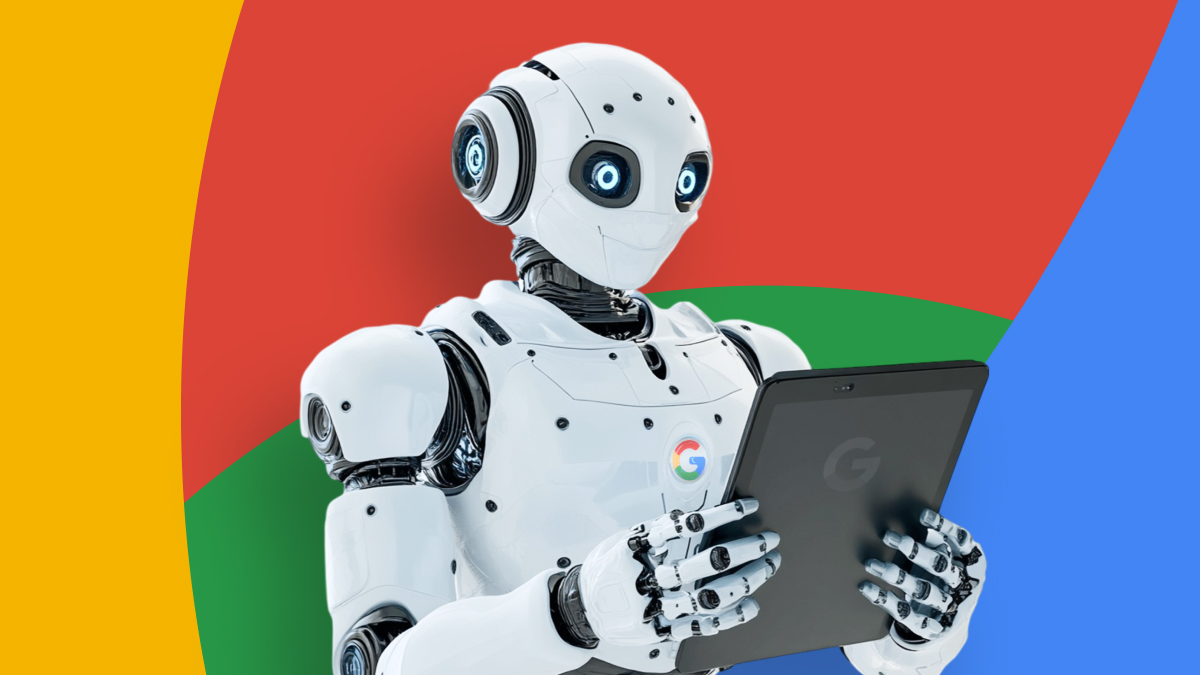 Robot s logem Google analyzuje data na tabletu – symbolika automatizace a řízení vyhledávačů pomocí Robots.txt